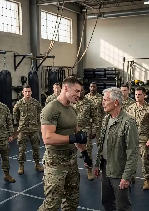 A Cocky Soldier Shoved a Quiet Old Man in the Combat Gym — Then the Base Commander Whispered, “Night Watcher”