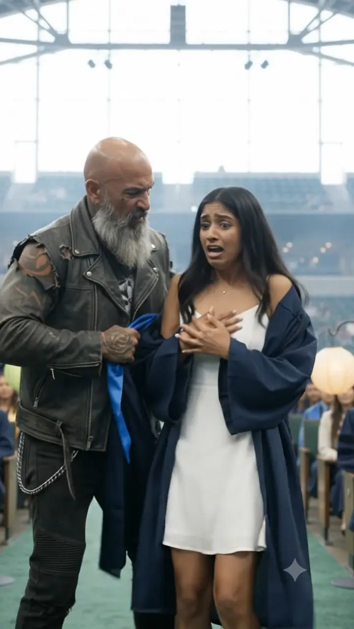 A massive tattooed biker pulled me from my graduation line and tore open my blue gown while hundreds of parents screamed for security to stop him.