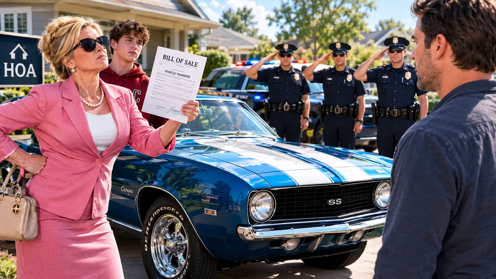 **The HOA President Forged a Bill of Sale to Steal My Classic Camaro for Her Son—Then the Officers Stepped Out and Saluted Me